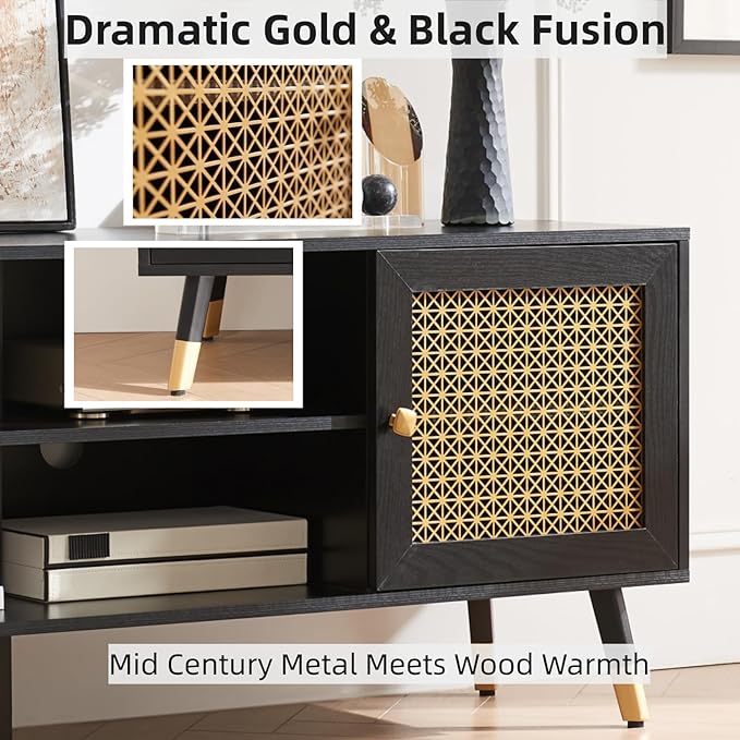 JYED Mid Century Modern TV Stand and Console for TVs Up to 75" - Black Entertainment Center, 2 Gold Metal Mesh Doors & MDF Wood Grain, 15.8" D x 66" W x 23.5" H