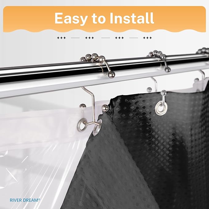 River Dream 3 in 1 Shower Curtain Set, Waffle Fabric Shower Curtain and Waterproof Clear Liner Set with Double Sided Metal Hooks, Black, 72" W*72" H
