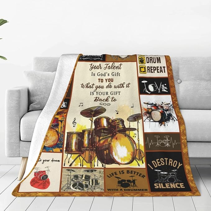 Drum Set Blanket Rock Music Throw Blanket Soft Fleece Flannel Bedding Musical Instrument Gifts for Men Drummer Boys Women Girls Lovers Adults Stuff Plush for Couch Sofa Bed Room Decor 60"X80"