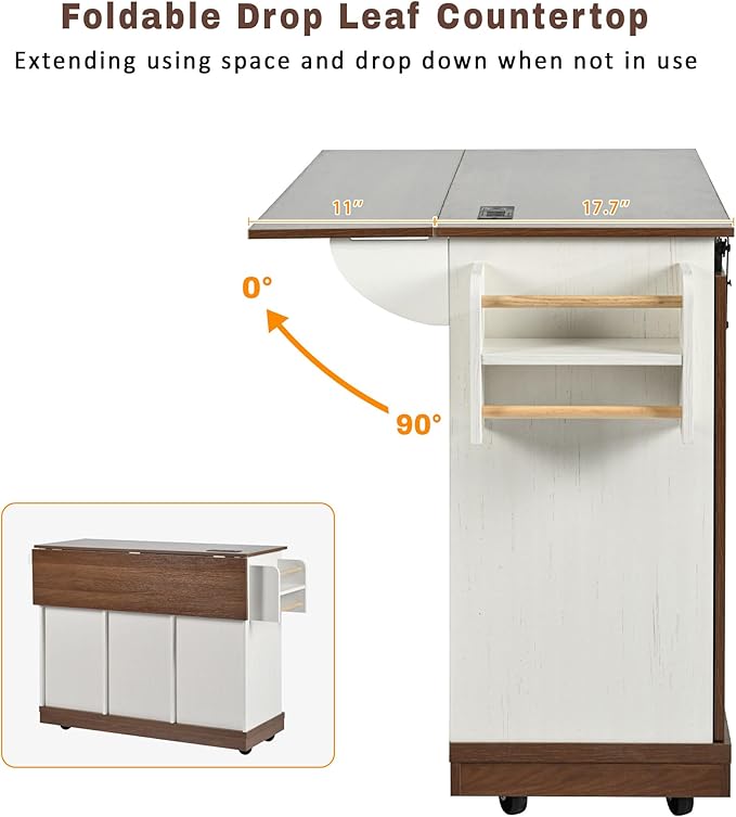 55'' Kitchen Island Cart on Wheels with Drop Leaf Countertop, Mobile Kitchen Island Carts with Power Outlet, Rolling Kitchen Table with Storage, Spice Rack, Towel Rack, and Drawer (White)