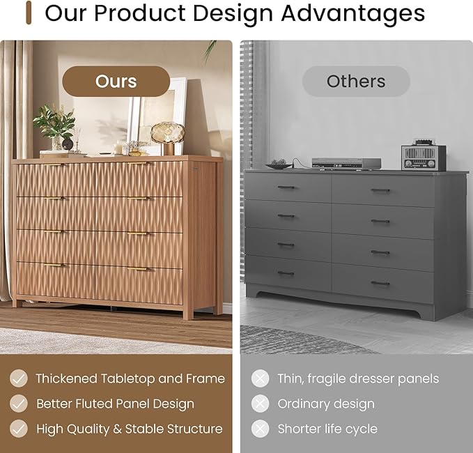 Dresser for Bedroom with 8 Drawers, 46.9" Wide Modern Chest of Drawers with Metal Handle, Wood Dresser TV Stand, Wood Storage Organizer for Bedroom, Living Room(Brown)