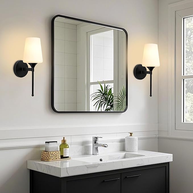 New Bathroom Vanity Light Fixtures 3 Lights Brushed Black Glass Shade Modern Wall Bar Sconce Over Mirror (Brushed Black, 1T 2Pack)