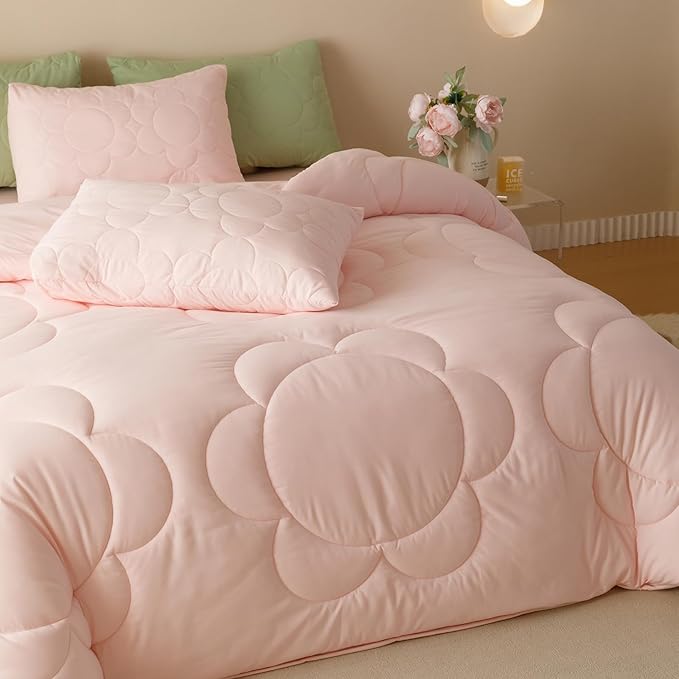 Luxlovery Baby Pink Sunflower Comforter Set Cal King Floral Quilts Blush Pink Bedding Comforter Set Boho Farmhouse Big Flowers Farmhouse Soft Breathable Comforter