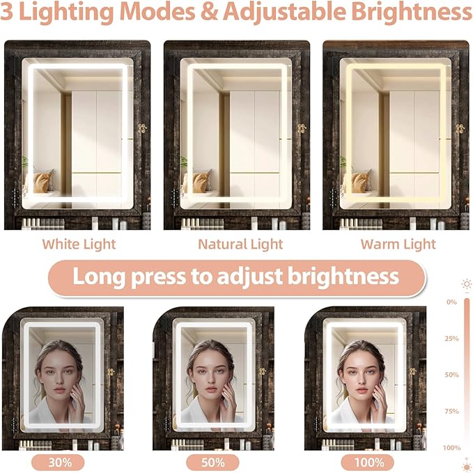 Farmhouse Makeup Vanity, Vanity Desk with 3 in 1 Charging Station and Human Body Sensing LED Lights, Vanity Table with Glass Tabletop & Hidden Jewelry Cabinet, Stool Included, Vintage Brown