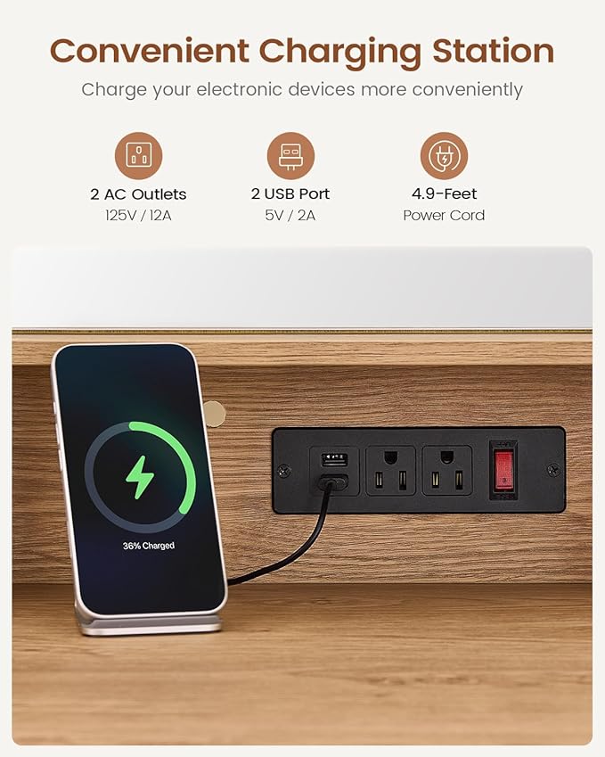 AOGLLATI Large Fluted Corner Vanity Desk with HD Triple Mirror and Lights, Makeup Vanity Desk with 3 Drawers & 3 Cabinets, Modern Dressing Table with Charging Station for Bedroom, Wood