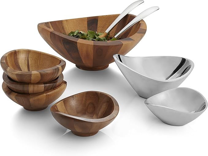 Nambé Butterfly Salad Bowl with Servers, 16-Inch Acacia Wood Bowl with 14-Inch Alloy Servers, Modern Table Centerpiece for Entertaining, Dining & Kitchen Serveware, Wood & Metal Design