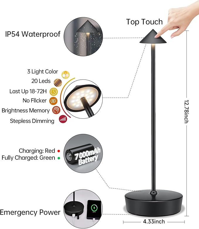 Cordless Led Table Desk Lamp 2 Pack, 7000mAh Battery Outdoor Table Light Waterproof for Restaurant Patio Camping Home Decor, USB-A Output, Brightness Memory, Dimmable