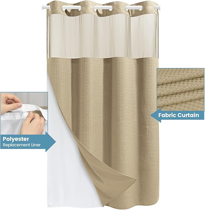 Beige Stall No Hook Shower Curtain with Snap in Liner,230GSM Waffle Weave Shower Curtains for Bathroom,54W x 80H