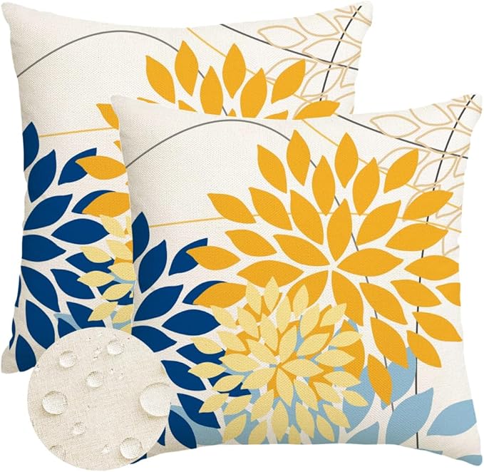 RABUSOFA Outdoor Pillow Covers 16x16 Inch Set of 2 Yellow Blue Flower Decorative Waterproof Spring Summer Floral Outdoor Cushion Covers for Patio Funiture Garden Couch Decor