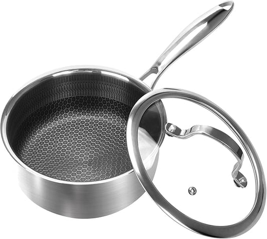 1QT Stainless Steel Saucepan With Lid, Honeycomb Non-stick Cooking Pot, Eco-Friendly PFOA-Free Coating, Compatible with All Cooktops, Perfect for Milk, Soup, Oatmeal & Baby Food, Dishwasher Safe