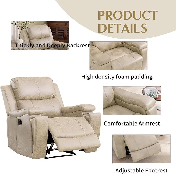 CANMOV Leather Recliner Chair Set of 2, Classic and Traditional Manual Recliner Chair with Overstuffed Arms and Back, Manual Single Sofa with Concealed Cup Holders,Beige