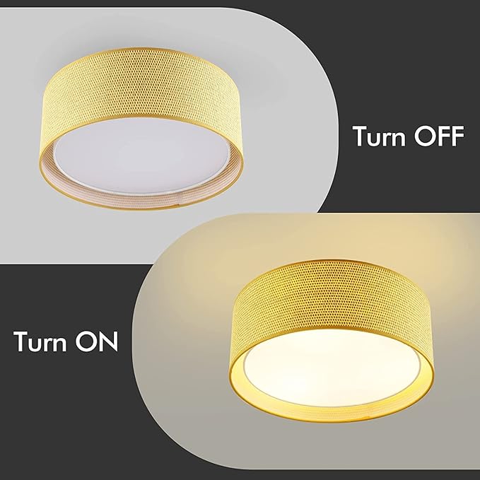 WINGBO 20" Modern 5-Light Flush Mount Ceiling Light Fixture with Fabric & Acrylic Double Drum Shade for Bedroom Living Room Dining Room Hallway Entryway, Flaxen