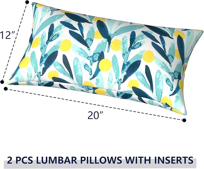 Outdoor Lumbar Pillows 12x20 inch, Rectangle Throw Pillows with Inserts, Decorative Lumbar Cushions for Patio Furniture Garden Couch Home Sofa Office Chair, Pack of 2, Leaves Multi