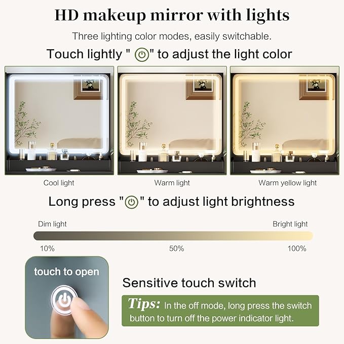 Large Vanity Desk with 3 Color Touch Screen Dimming Mirror, Vanity Desk with Charging Station, Modern Retractable Makeup Dressing Table, Makeup Table With storage shelves and 5 Sliding Drawers, Black