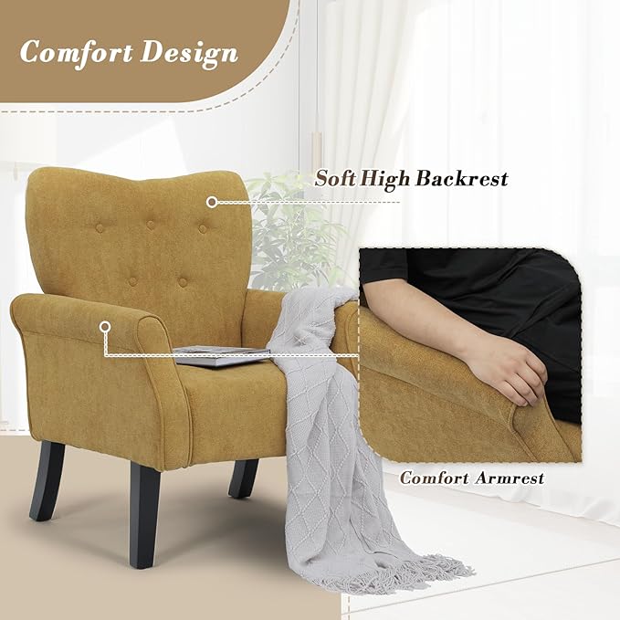 Athena Collection Mid Century Accent Chair, Upholstered Modern Comfy Armchair Single Sofa, Elegant Vanity Chair Reading Chair with High Back and Solid Wood Legs for Bedroom Living Room, Dark Yellow