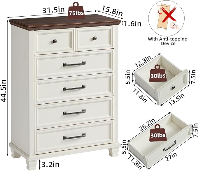 Farmhouse 6 Drawer Dresser for Bedroom, 45 Inch Tall Vintage Wood Chest of Drawers, Rustic Dressers w/Square Wooden Legs, Mid-Century Storage Organizer for Living Room, Hallway, White