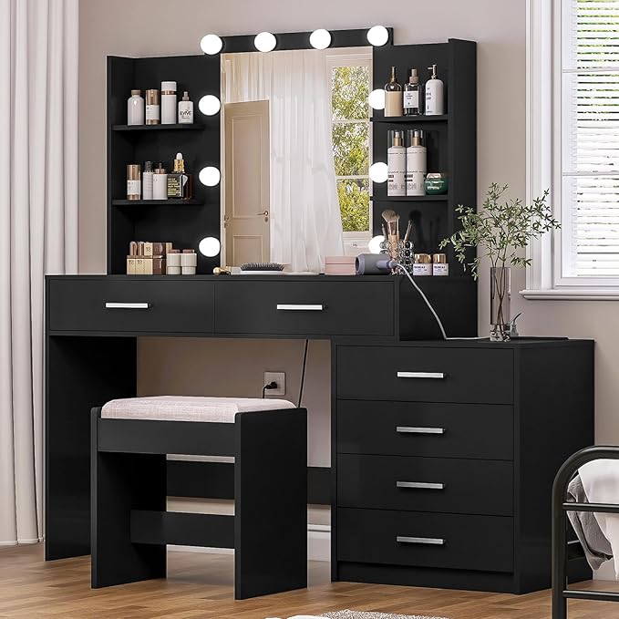 Vanity Desk with Mirror & Lights, Makeup Vanity with 6 Drawers, 6 Open Shelves and Power Outlet, 48” Storage Makeup Vanity Desk with Stool Bench for Women, Girls, Bedroom, Black
