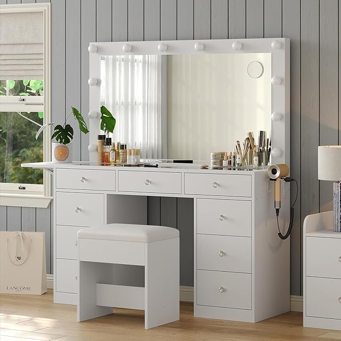 Vanity Desk with Power Outlet, 9 Drawers Makeup Vanity with Mirror and 12 LED Lights, 3 Lighting Modes, Glass Top Vanity Set, Fold-up Panel, Dressing Table for Bedroom