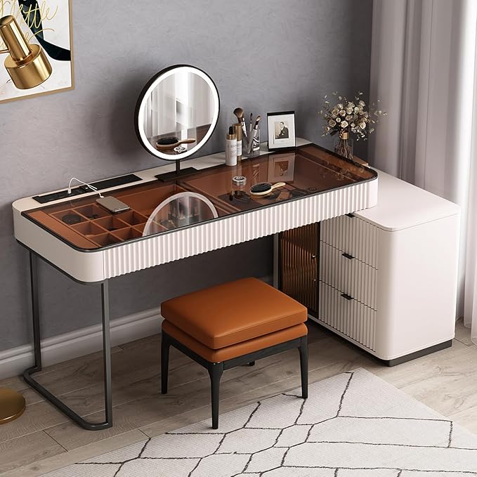 Larits Makeup Vanity, Very Easy to Assemble，Dressing Table Desk in one, Super Storage, with LED Light Vanity Mirror with ash Full Solid Wood upholstered Vanity Stool (Ivory White, 53 in)