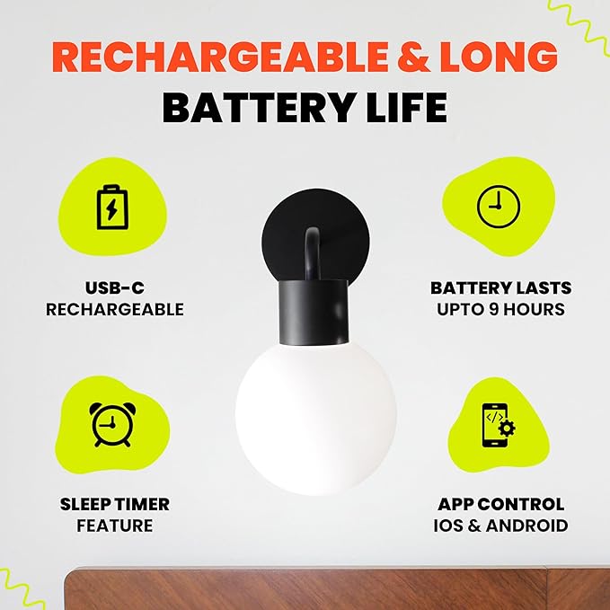 Wireless Wall Sconce (Shark Tank) Rechargeable & Dimmable LED Light w/App Control & Damage-Free Install, Moveable Modern Ambient Lighting for Elegant Home & Bedroom Decor | Matte Black