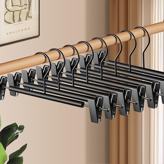 Wooden Pants Hangers with Clips 10 Pack Adjustable Wood Skirt Hangers for Women&Men Space Saving Closet Non Slip Clothes Hanger for Jeans,Trousers,Short,12Inch Black
