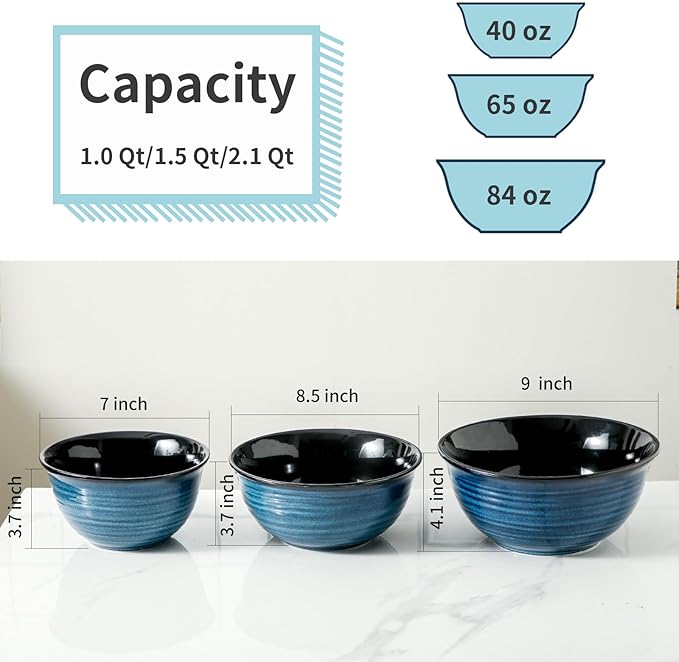HASENSE Mixing Bowls, Ceramic Serving Bowls Set for Cooking, Baking, Prepping, Large Nesting Bowls for Salads, Fruit, Popcorn, 2.1/1.5/1.0 Qt, Dishwasher & Microwave Safe, Blue