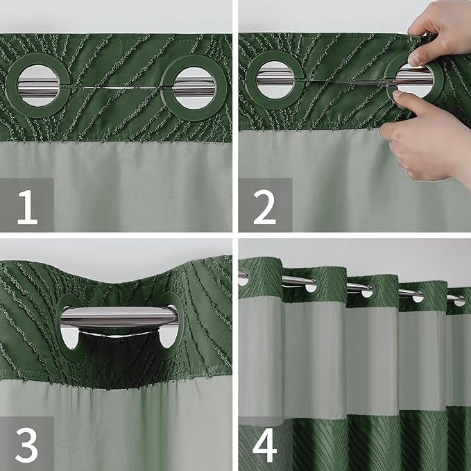 No Hook Shower Curtain and Liner Set,No Hook Tufted Striped Textured Shower Curtain with Snap in Liner Replacement and Waterproof Fabric,Boho Style with See Through Top Window,DarkGreen,71Wx77H