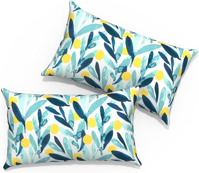 Outdoor Lumbar Pillows 12x20 inch, Rectangle Throw Pillows with Inserts, Decorative Lumbar Cushions for Patio Furniture Garden Couch Home Sofa Office Chair, Pack of 2, Leaves Multi