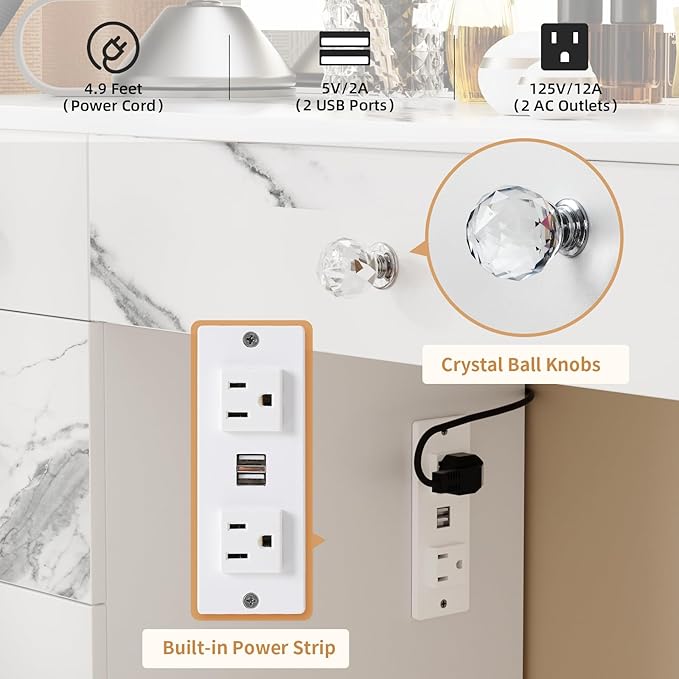 VOWNER Vanity with Lighted Mirror - Makeup Vanity Desk with Power Outlet and 9 Drawers, 3 Color Lighting Modes Adjustable Brightness, 43" Vanity Table with Soft Cushioned Stool for Bedroom, Marble