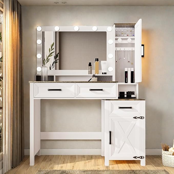 Makeup Vanity, Farmhouse Vanity with Square Mirror & Tricolor Lighting Adjustment, 43'' Fashion Makeup Desk with Two Spacious Drawers, Side Storage Cabinet & Built-in Charging Station, White