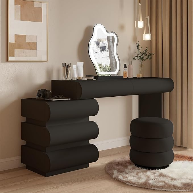 Makeup Vanity Desk with Mirror and Lights, Luxury Dressing Table with Free Retractable Side Cabinet, Microfibre Leather Wrapped Vanity Set with 5 Solid Wood Drawers, Stool-47.2in / Black