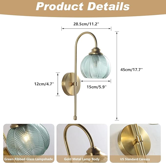 KCO Lighting Brushed Gold Wall Sconce Light Vintage Green Glass Wall Sconce Set of 2 Unique Bathroom Wall Sconces Set of Two Modern Globe Sconces Wall Lighting Stair Corner Wall Lamp