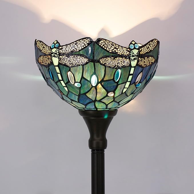 Tiffany Floor Lamp Torchiere Stained Glass Torch Lamp 12X12X67 Inch Antique Standing Corner Light (Dark Blue Dragonfly)