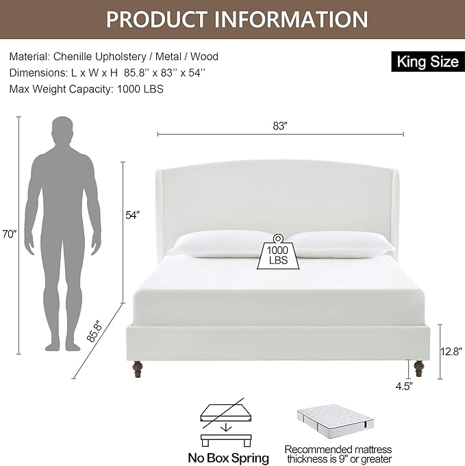 King Size Upholstered Platform Bed with 54" Camelback Headboard, Chenille Fabric, Metal & Wood Support, No Box Spring Needed (Cream White Chenille Curved, King)