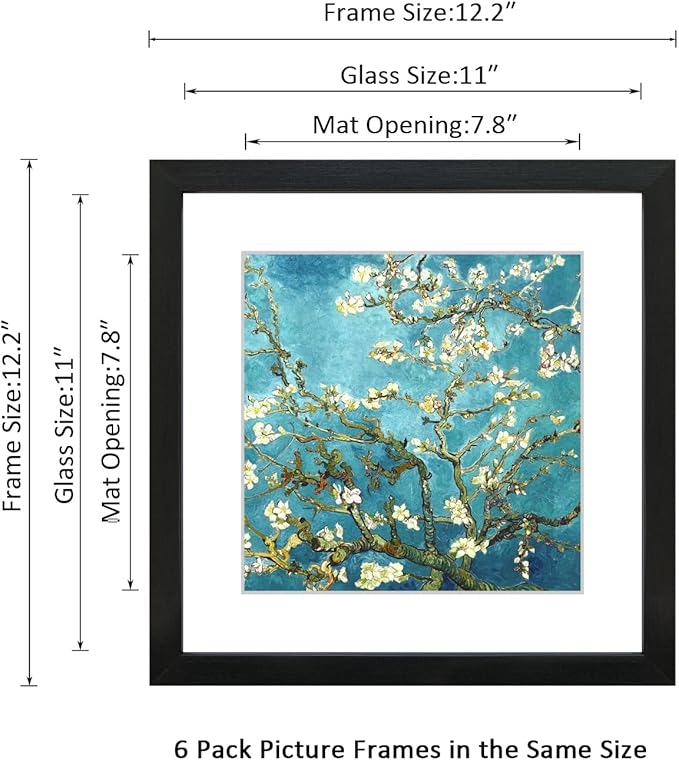 11x11 Picture Frame Set of 6 with Real Glass for Pictures 8x8 with Mat or 11x11 Without Mat, Wall Gallery or Tabletop display Photo Frames in Black