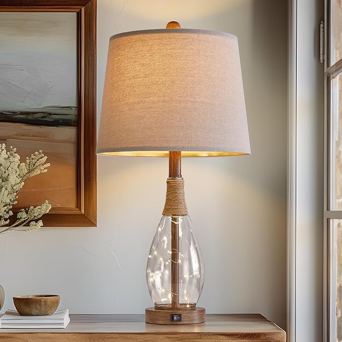 OYEARS Table Lamp Sets of 2,Lamps for Living Room,Bedside Lamps with USB A+C and Nightlight,Retro Farmhouse Rattan Glass,for Bedroom Living Room Bedroom,Two Light Points,23"