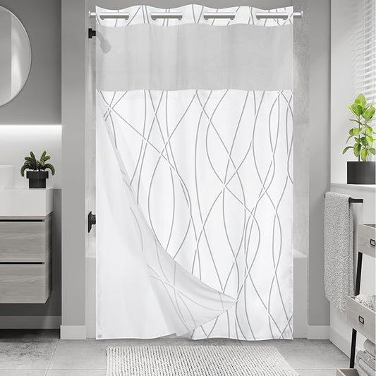 No Hook Grey Shadow Striped Stall Shower Curtain with Snap in Fabric Liner Set - Hotel Shower Curtain and Liner Set with See Through Mesh Top Window,Machine Washable, 54x80 INCH