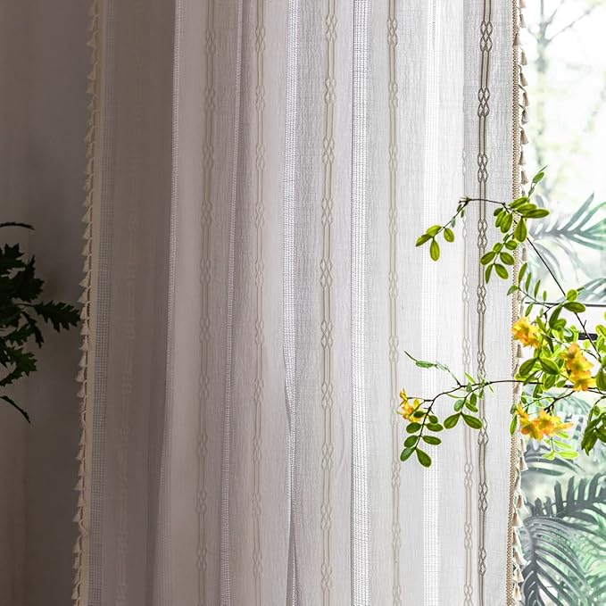 Boho Curtains Embroidery Linen Curtains 108 Inches Long 2 Pannels for Bedroom Off White Country Farmhouse Curtains Light Filtering Curtains for Living Room Rod Pocket Drapes(52" W x 108" L,White)