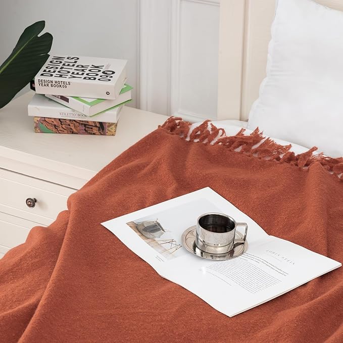 Gealaek Fall Throw Blanket Lightweight Fuzzy Soft Cozy Decorative Blankets for Sofa Bed Farmhouse Throw Blanket Burnt Orange with Fringe 50" x 60"