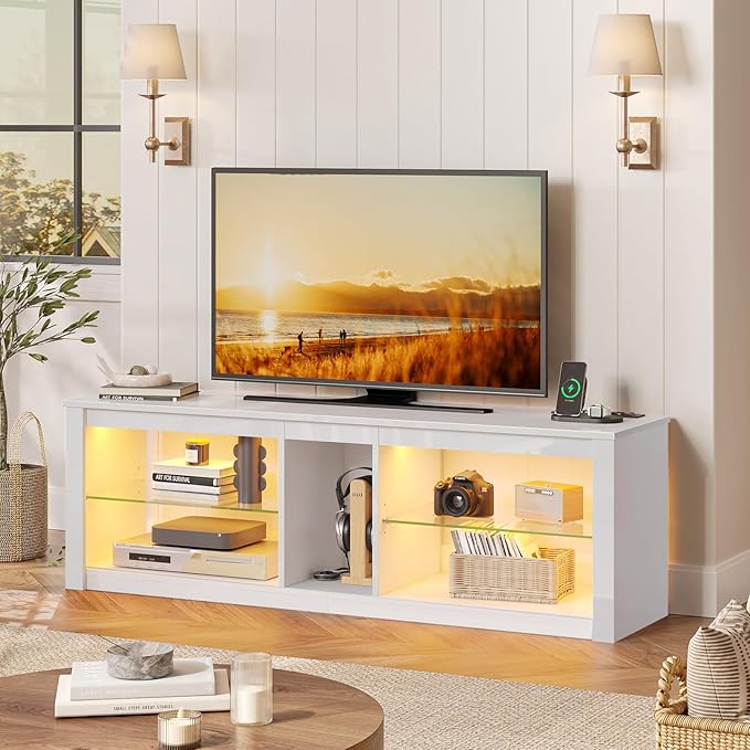 Bestier White TV Stands for Living Room, High Gloss Gaming TV Stand with Power Outlet, Modern Entertainment Center for Bedroom,LED TV Stand for 55/60/65 Inch TV, 55 Inch TV Console Table with Shelves