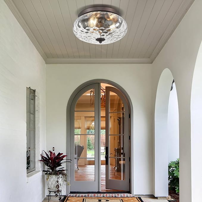 Darkaway Large Ceiling Light Fixtures, 3-Light Flush Mount Indoor Outdoor Ceiling Light with Water Ripple Glass Shade for Porch Hallway Kitchen Living Room Bronze Finish