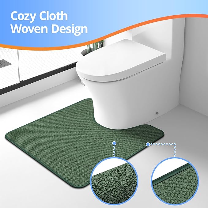 Toilet Rugs U Shaped Washable 24x20, Ultra Thin Toilet Rug Super Absorbent, Toilet Mat Rubber Backing Non-Slip, Toilet Mats Machine Washable Dry Quickly, Contour Bathroom Rugs for Toilet-Green