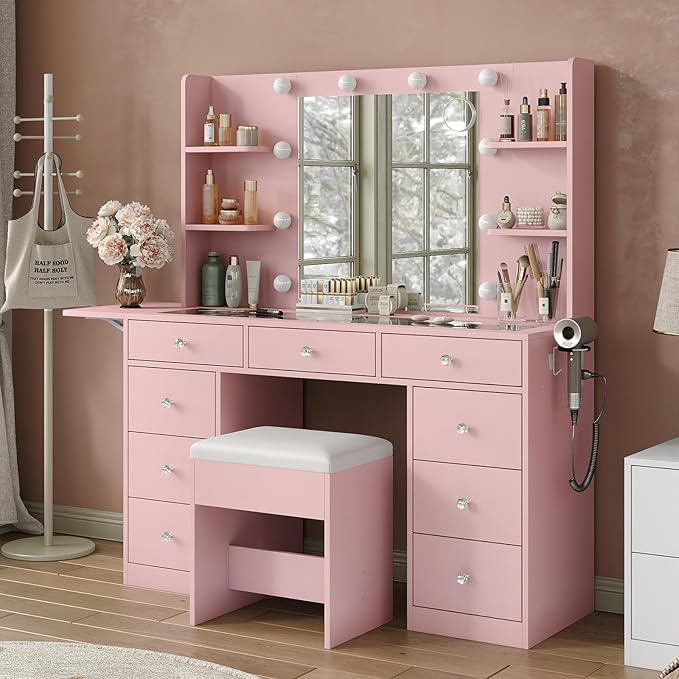 9 Drawers Vanity Desk & Power Outlet, Makeup Vanity with Mirror and 10 LED Lights, 3 Lighting Modes Brightness Adjustable, Makeup Table with 4 Shelves and Fold-up Panel, Vanity Set for Bedroom, Pink
