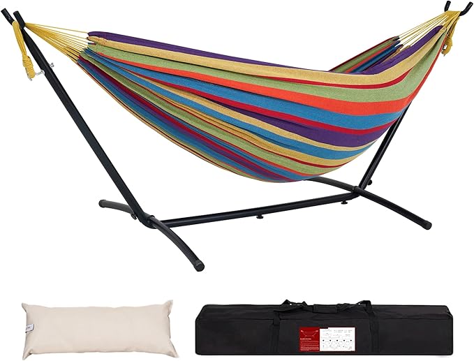 Lazy Daze Hammocks Double Hammock with 9 ft Space-Saving Steel Stand Includes Portable Carrying Case, 450 Pounds Capacity (Purple Stripes)