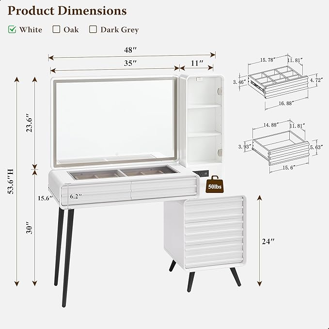 Fluted Makeup Vanity Desk with Large 35" HD Lighted Mirror, 48" Mid Century Modern Glass Top Vanity Table with 5 Drawers & Adjustable Shelf, Dressing Table w/Charging Station for Bedroom