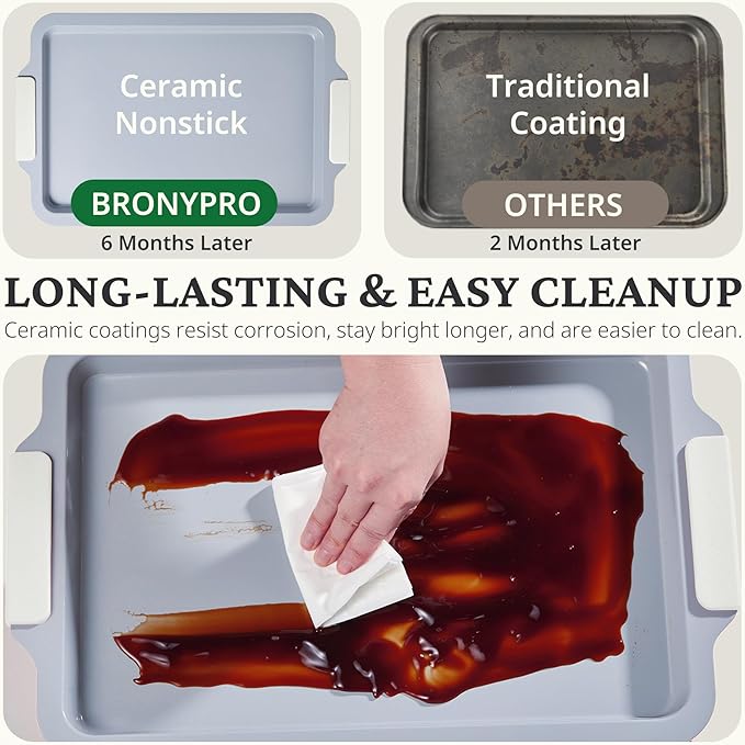 BRONYPRO Nonstick Ceramic Bakeware Set (9 Pieces),Heavy Duty Aluminized Steel Bakeware-Baking Pans Set with Silicone Handles,Includes Sheet Pans,Loaf Pan,Muffin pan,Cake pans,PTFE & PFOA Free - White