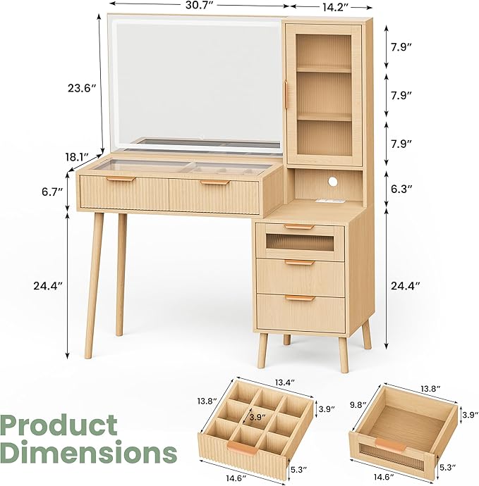 Fluted Makeup Vanity Desk with Mirror and Lights, 5 Drawers Glass Top Makeup Vanity with 4 Storage and 9-Grid Organizer, 3 Color Ribbed Glass Dressing Table with Charging Station, Natural Oak