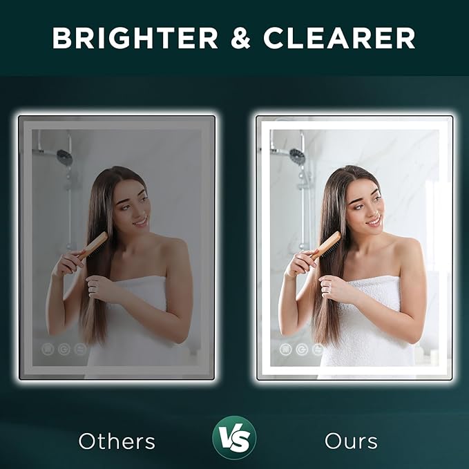 24"x 32" LED Bathroom Mirror with Stepless Dimmable Wall Mirrors with Anti-Fog, Dimmable CRI>90, Vanity Mirror with 3 Color Modes, Shatter-Proof, Memory Bathroom Mirror with LED Lights