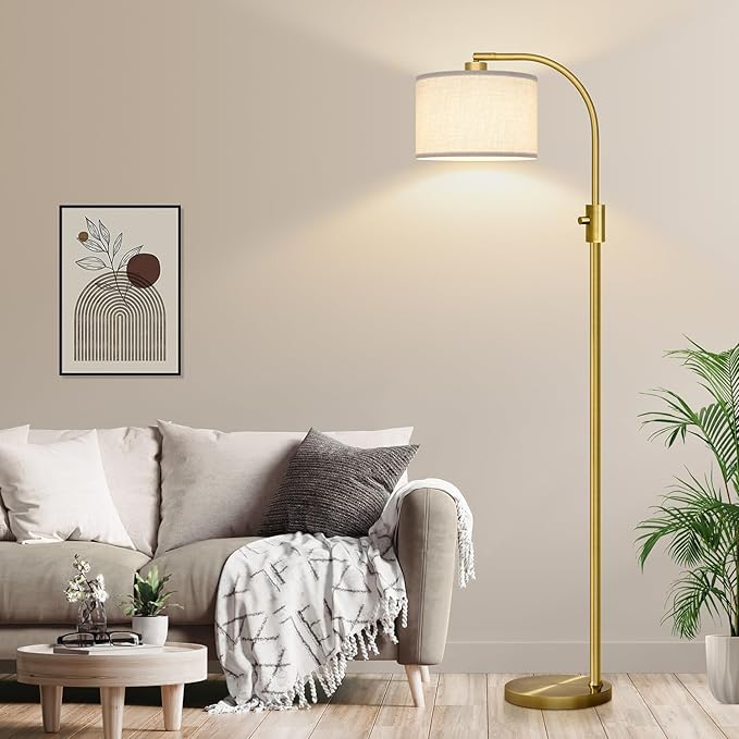 Brass Arc Floor Lamp - Dimmable LED with White Shade for Living Room, Bedroom, Office & More