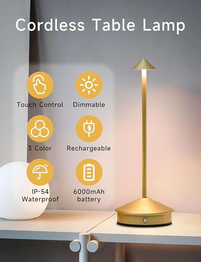 Cordless Table Lamps,LED Rechargeable Desk Lamp,Portable Modern USB Battery Operated Lights,Outdoor Waterproof Touch Dimmable,for Patio,Restaurant,Bar,Camping,Dining Home Set of 2 Gold
